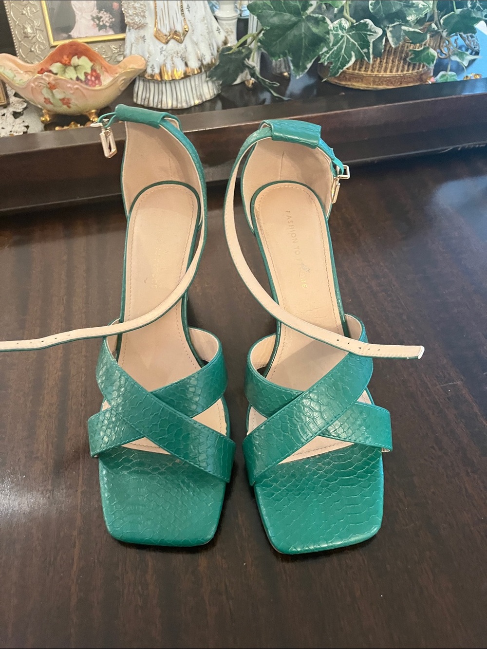 Fashion to Figure Teal Crisscross Ankle Strap Block Heels